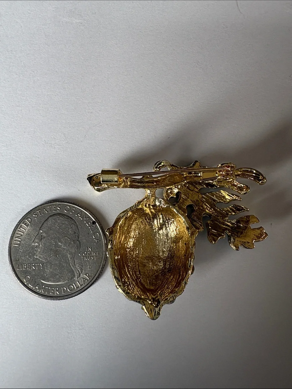 Gold Tone Crystal Acorn Pin with Green Enamel Leaf